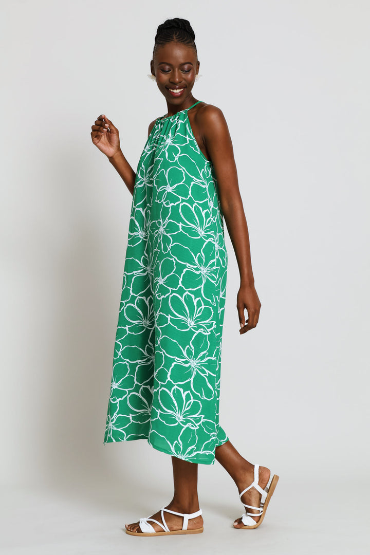 Hi-Neck Back Drawstring Tie Midaxi Dress - White/Green