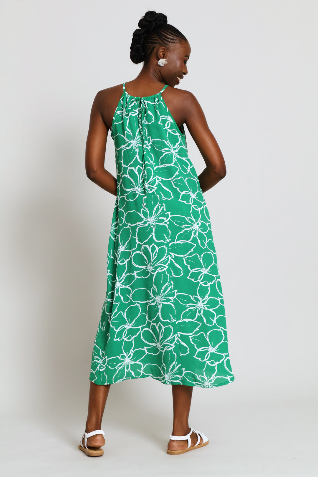 Hi-Neck Back Drawstring Tie Midaxi Dress - White/Green