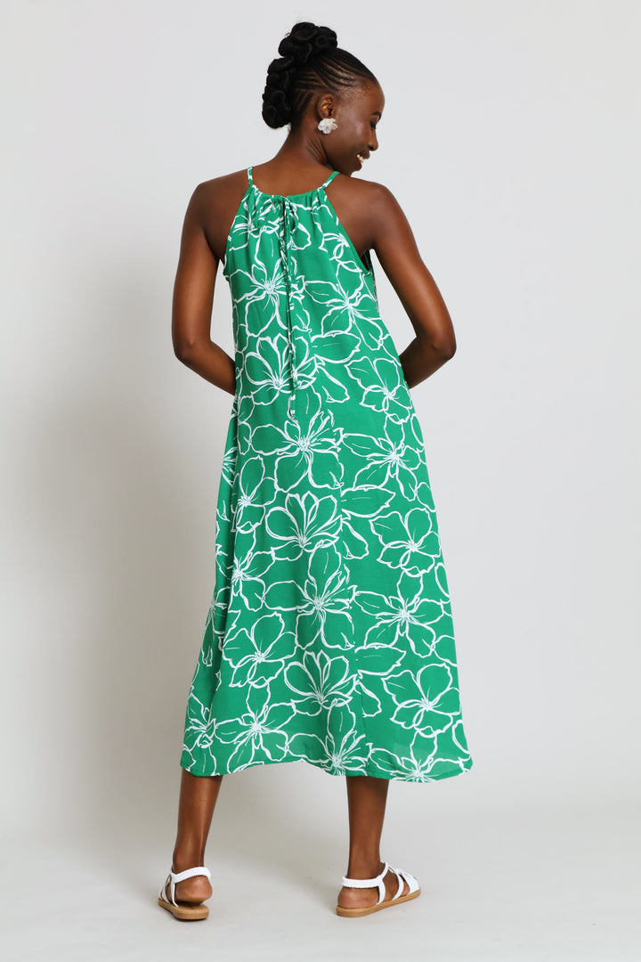 Hi-Neck Back Drawstring Tie Midaxi Dress - White/Green