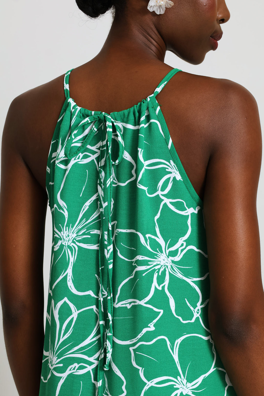 Hi-Neck Back Drawstring Tie Midaxi Dress - White/Green