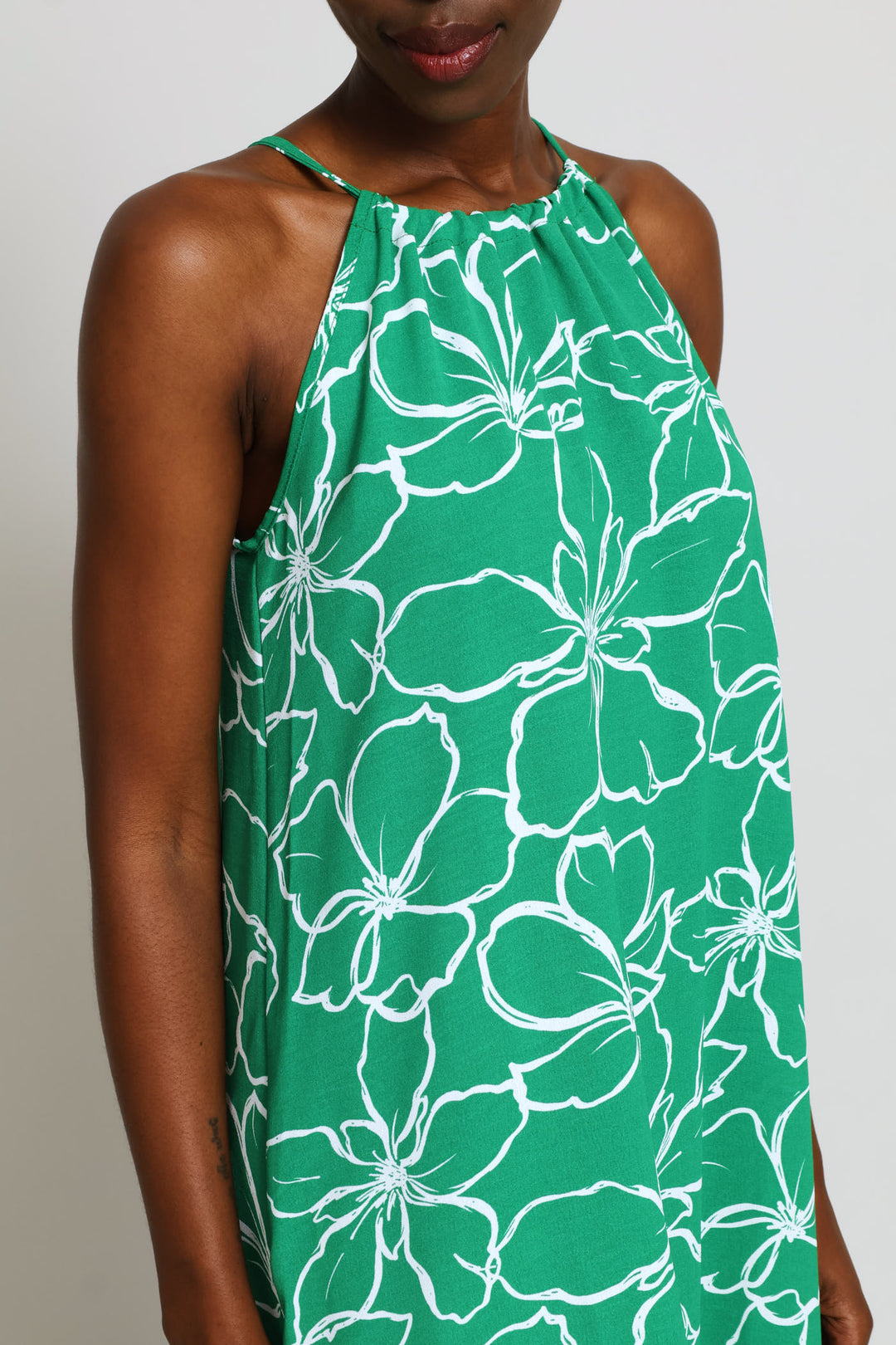Hi-Neck Back Drawstring Tie Midaxi Dress - White/Green