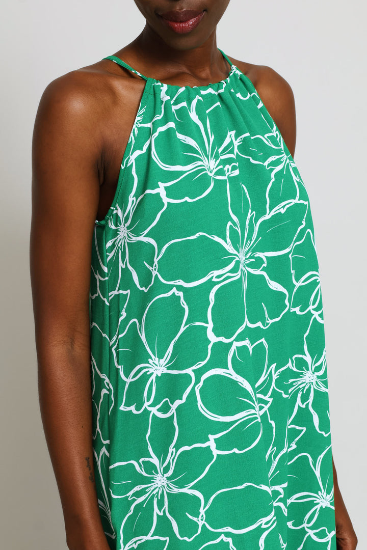 Hi-Neck Back Drawstring Tie Midaxi Dress - White/Green