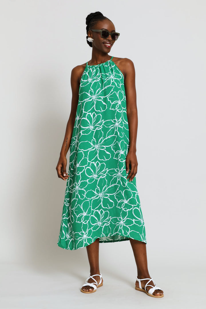 Hi-Neck Back Drawstring Tie Midaxi Dress - White/Green