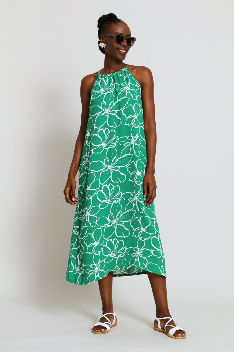 Hi-Neck Back Drawstring Tie Midaxi Dress - White/Green