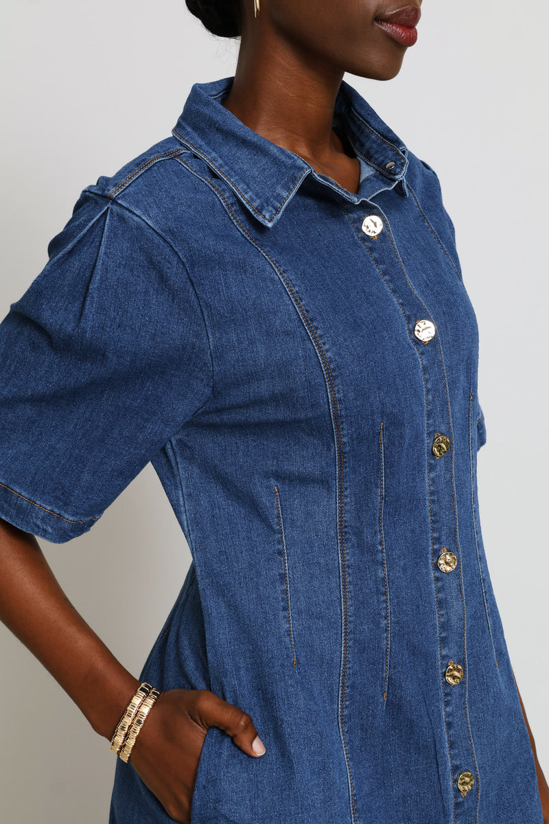 Pleat Sleeve Corset Waist Denim Mini Shirt Dress - Mid Wash