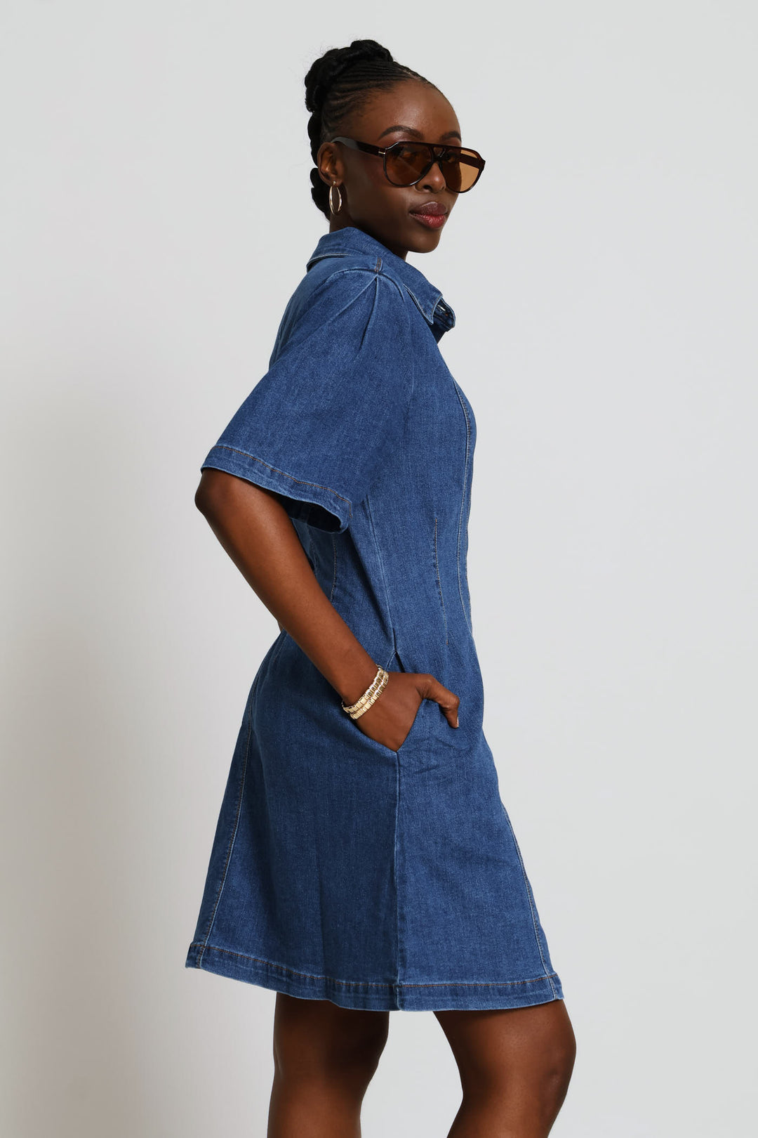 Pleat Sleeve Corset Waist Denim Mini Shirt Dress - Mid Wash