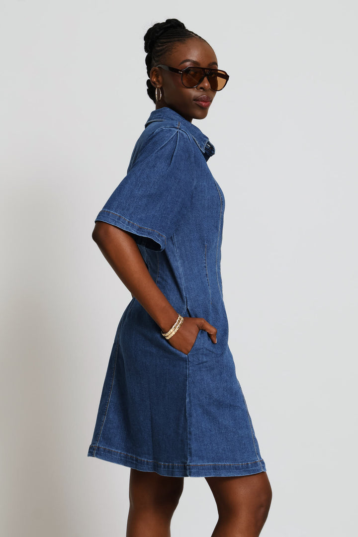 Pleat Sleeve Corset Waist Denim Mini Shirt Dress - Mid Wash