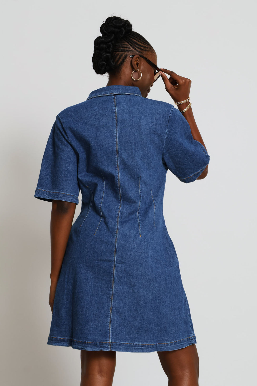 Pleat Sleeve Corset Waist Denim Mini Shirt Dress - Mid Wash