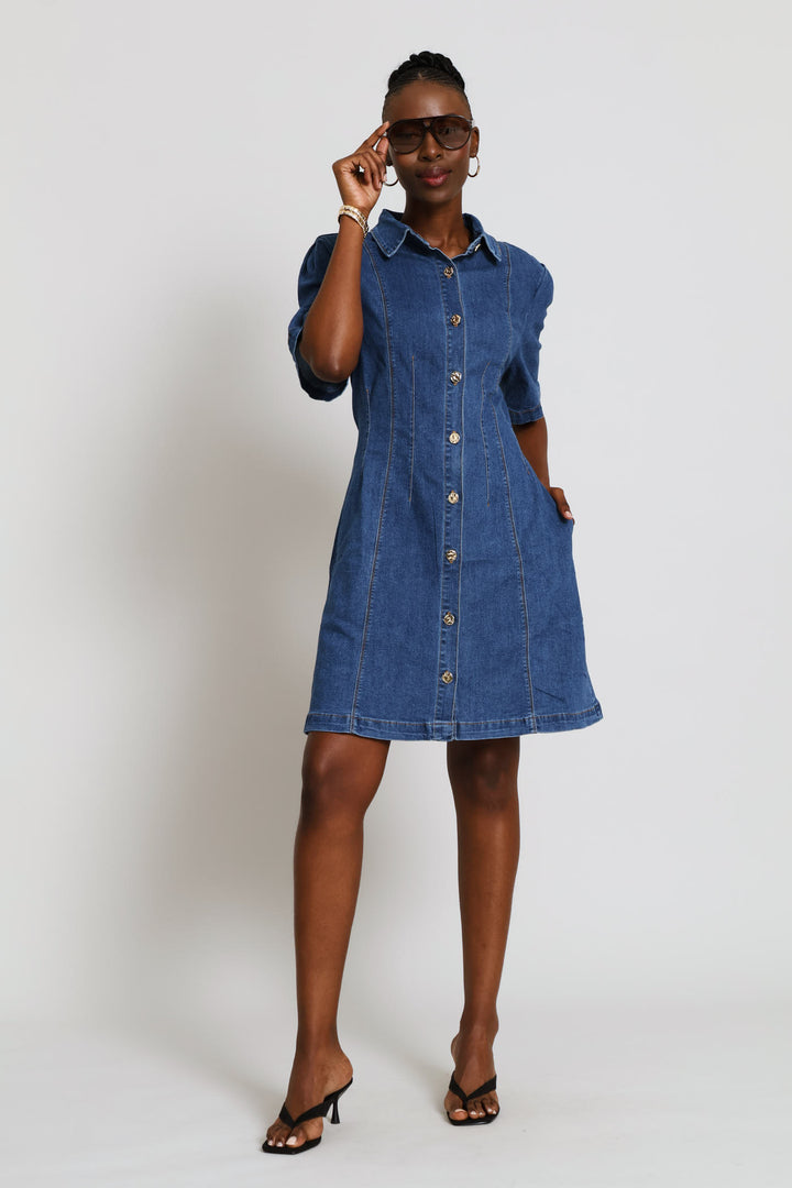 Pleat Sleeve Corset Waist Denim Mini Shirt Dress - Mid Wash