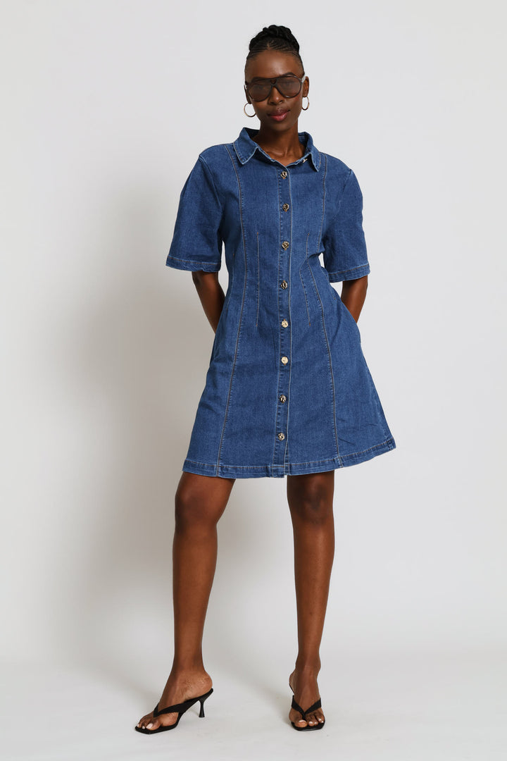 Pleat Sleeve Corset Waist Denim Mini Shirt Dress - Mid Wash