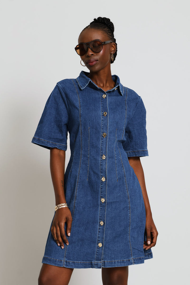 Pleat Sleeve Corset Waist Denim Mini Shirt Dress - Mid Wash