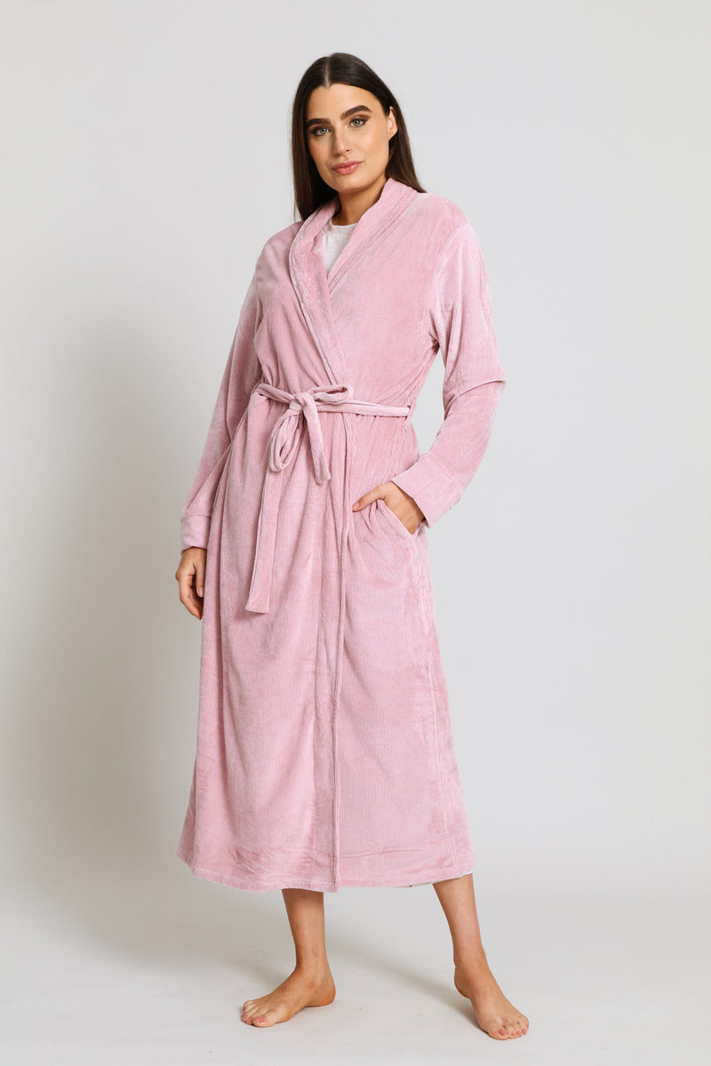 Long Sleeve Rib Velour Gown - Mauve