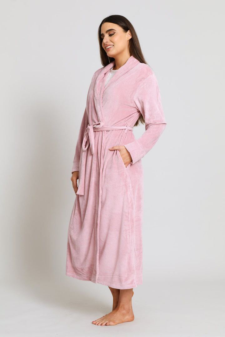 Long Sleeve Rib Velour Gown - Mauve