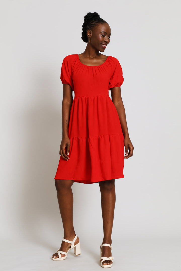 Short Sleeve Tiered Gypsy Mini Dress - Red