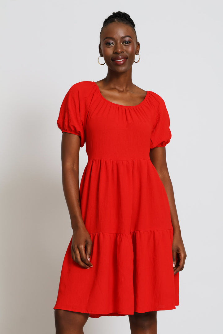 Short Sleeve Tiered Gypsy Mini Dress - Red