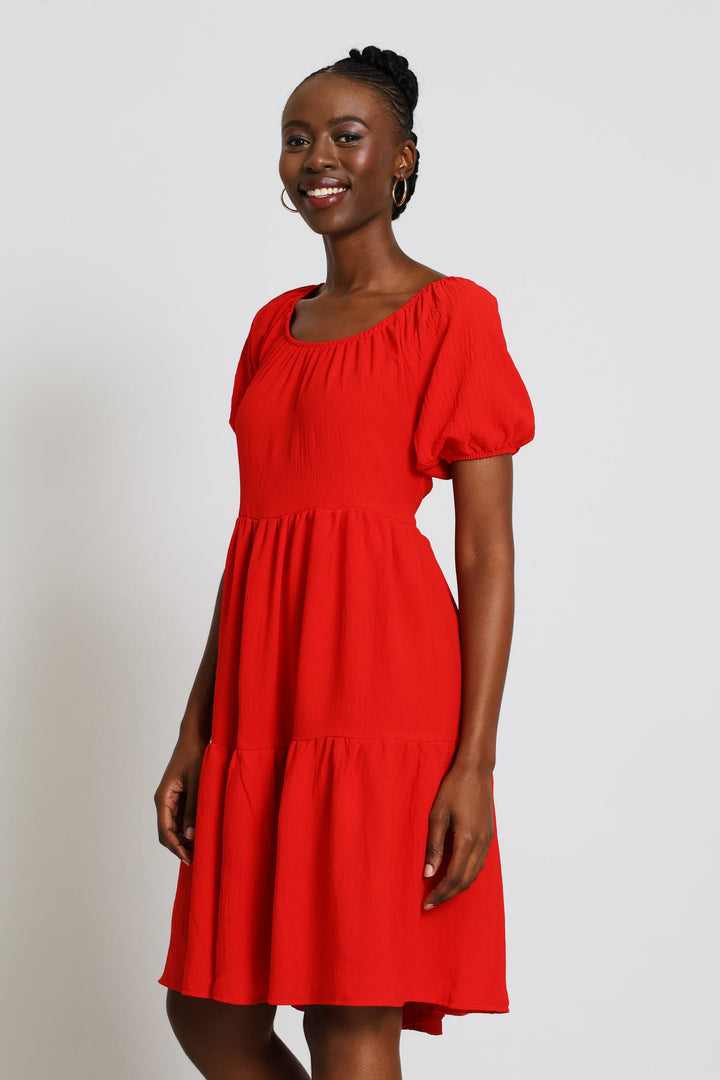 Short Sleeve Tiered Gypsy Mini Dress - Red