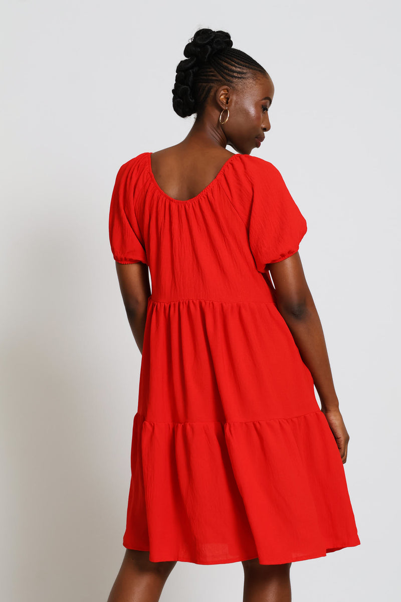 Short Sleeve Tiered Gypsy Mini Dress - Red