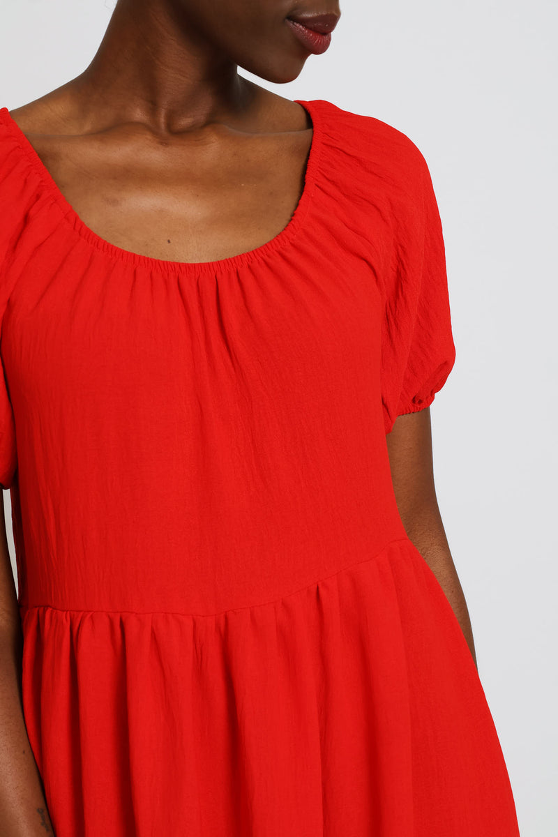 Short Sleeve Tiered Gypsy Mini Dress - Red