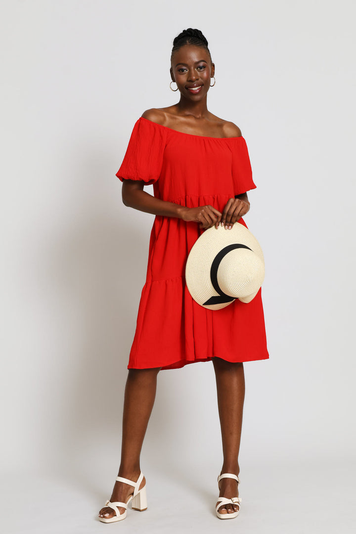 Short Sleeve Tiered Gypsy Mini Dress - Red