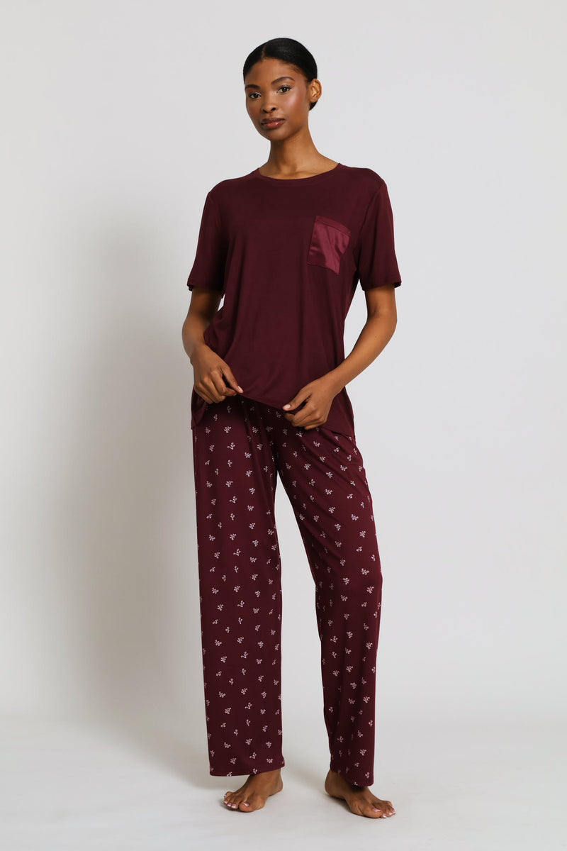 Soft Touch Ditsy Top & Pant Set - Burgundy