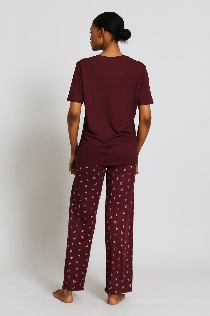 Soft Touch Ditsy Top & Pant Set - Burgundy
