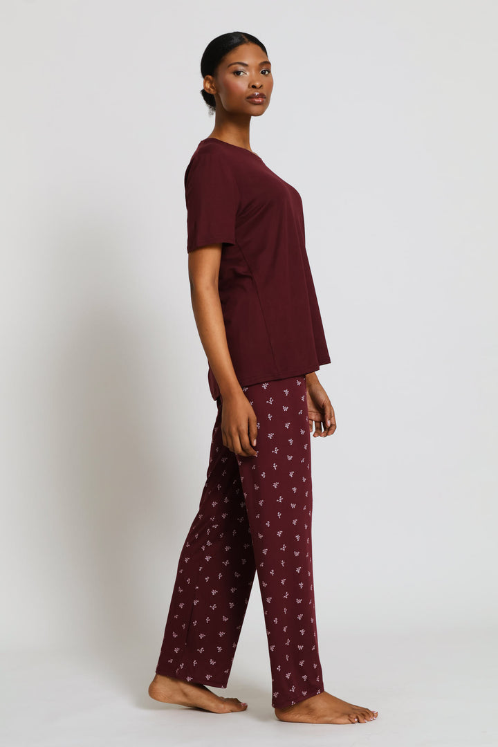 Soft Touch Ditsy Top & Pant Set - Burgundy