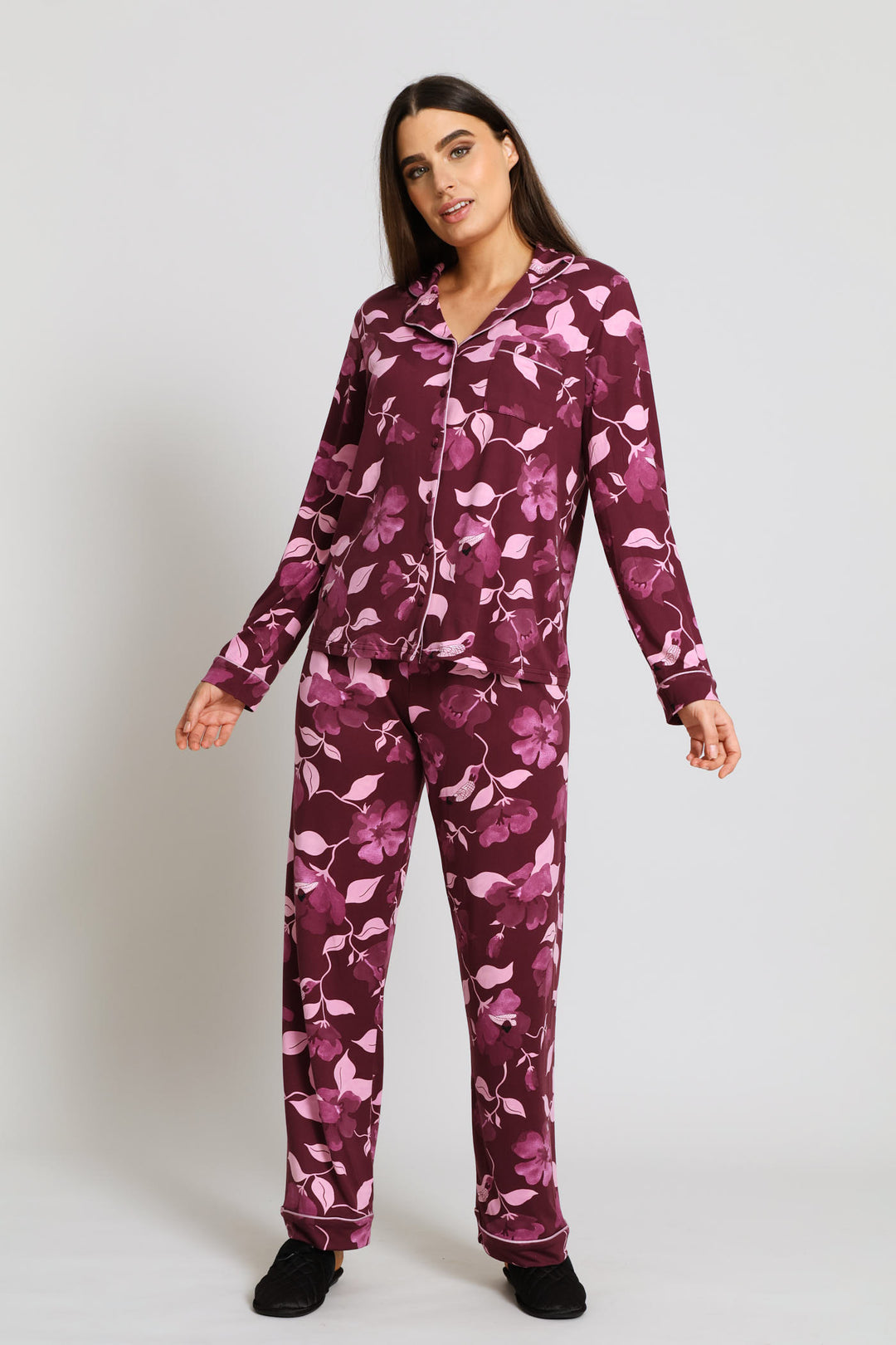 Floral Long Sleeve Top & Print Pant Sleep Set - Burgundy