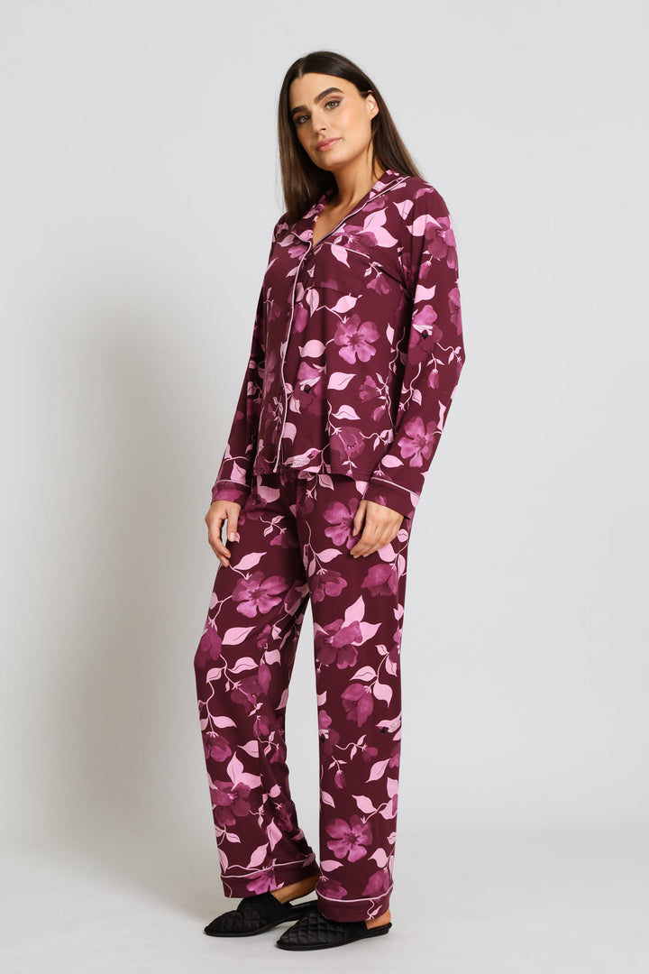 Floral Long Sleeve Top & Print Pant Sleep Set - Burgundy