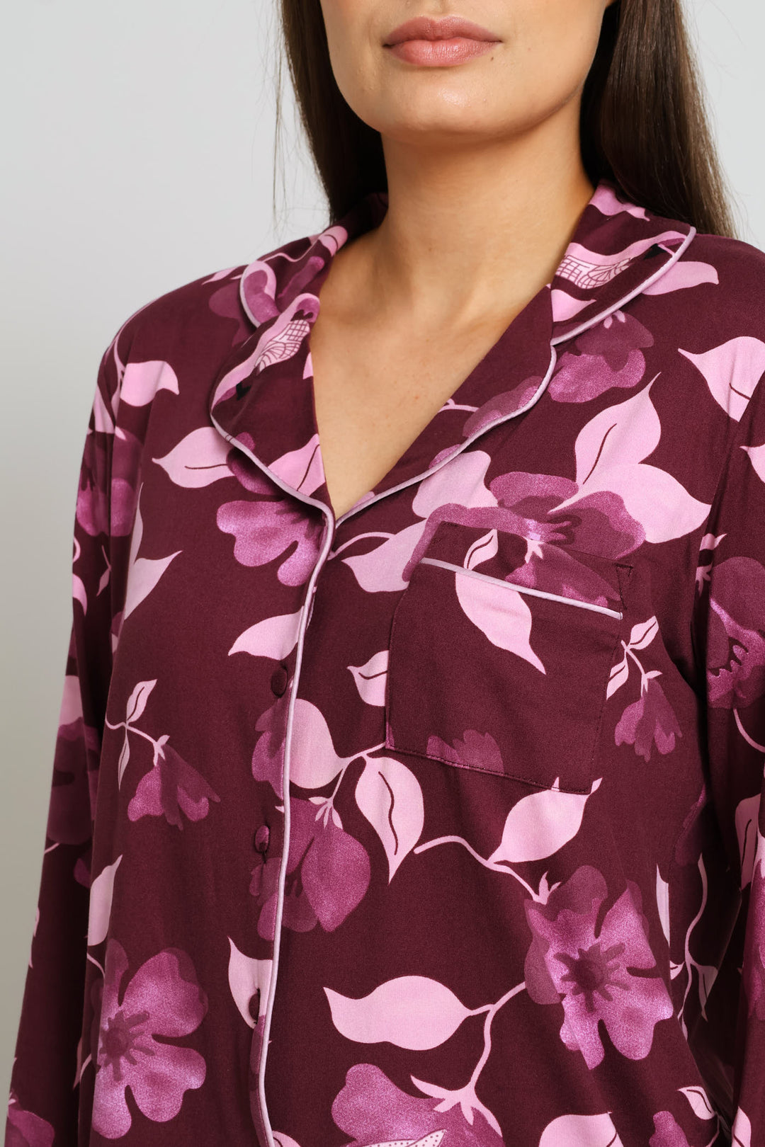 Floral Long Sleeve Top & Print Pant Sleep Set - Burgundy