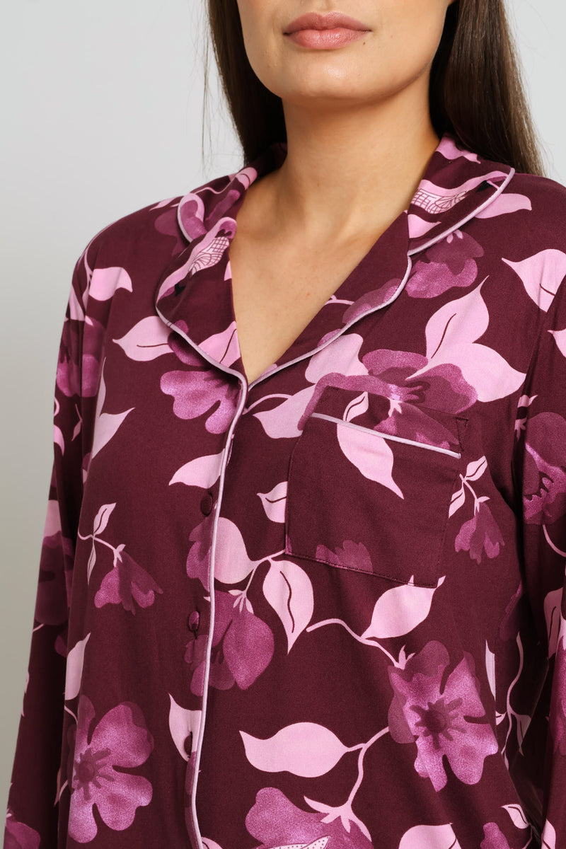 Floral Long Sleeve Top & Print Pant Sleep Set - Burgundy