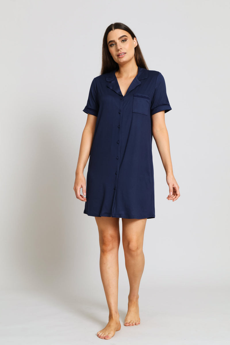 Button Through Knit Sleepshirt - Navy