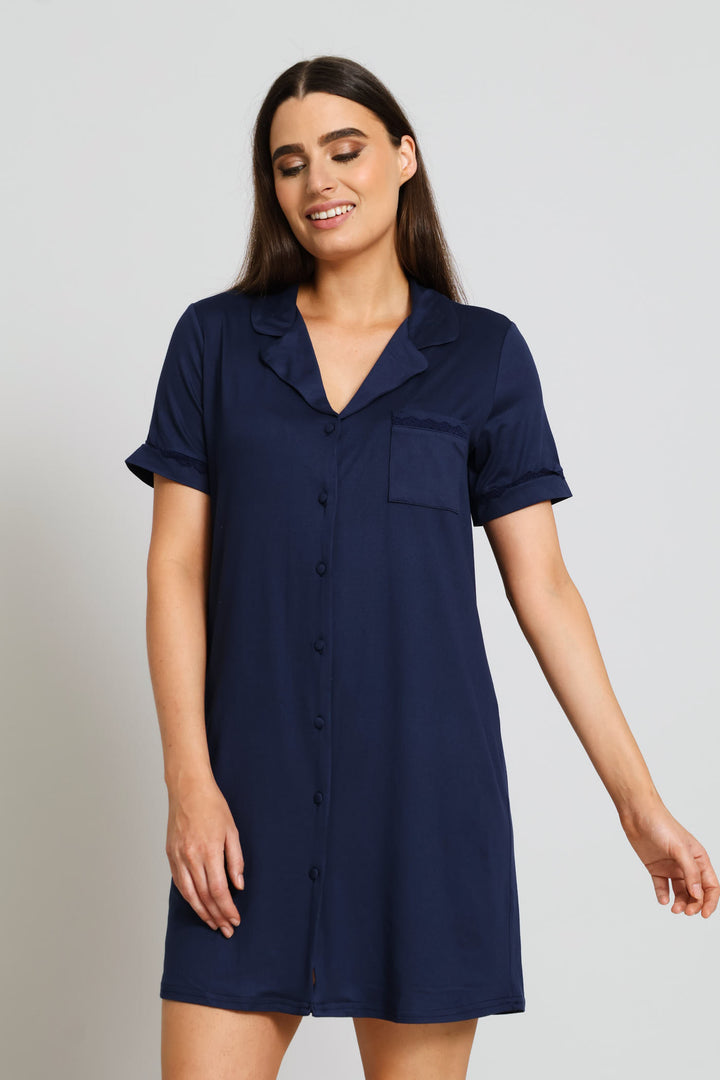 Button Through Knit Sleepshirt - Navy