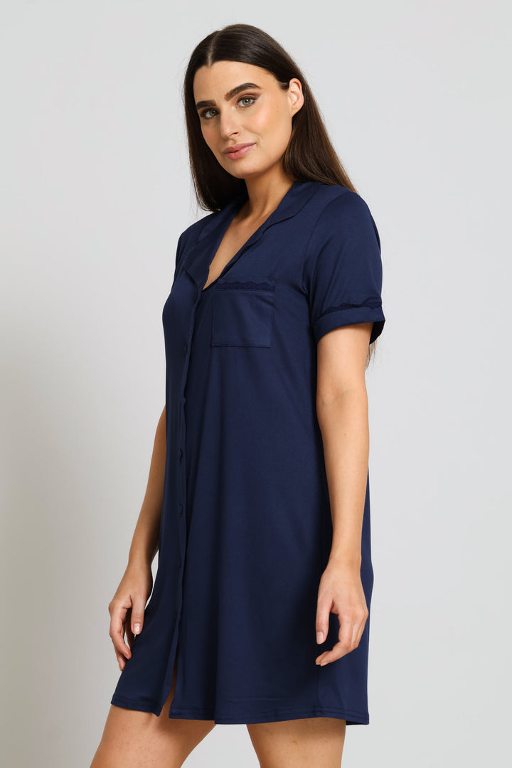 Button Through Knit Sleepshirt - Navy