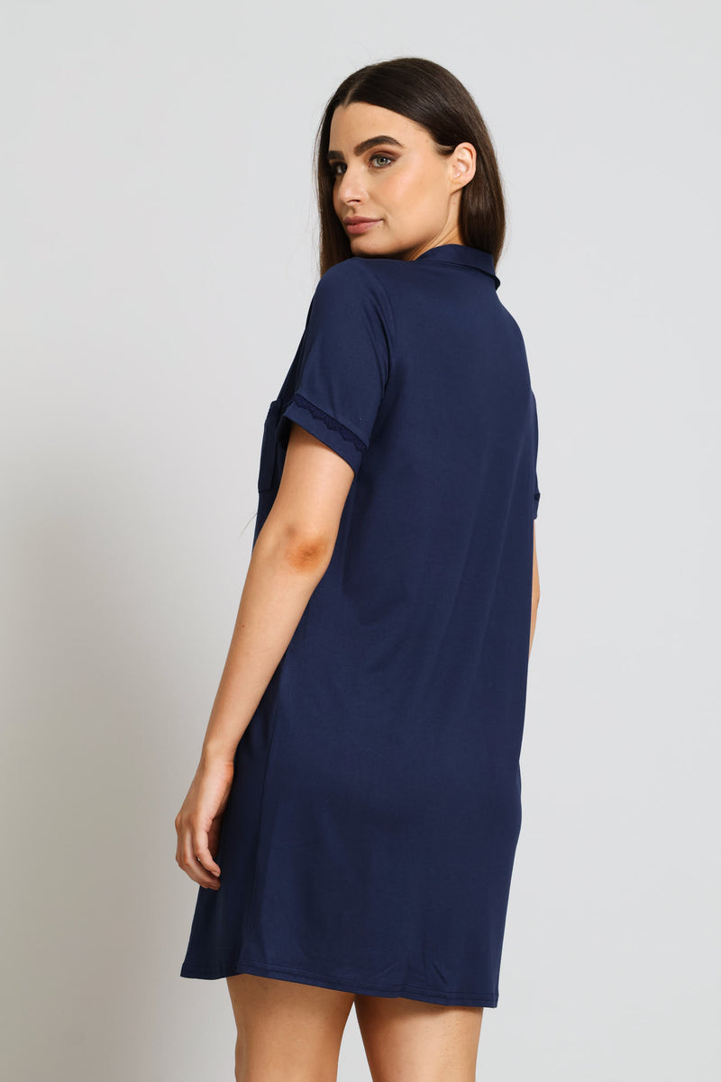 Button Through Knit Sleepshirt - Navy