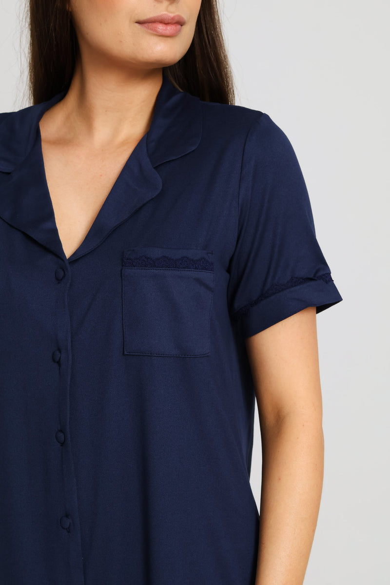 Button Through Knit Sleepshirt - Navy