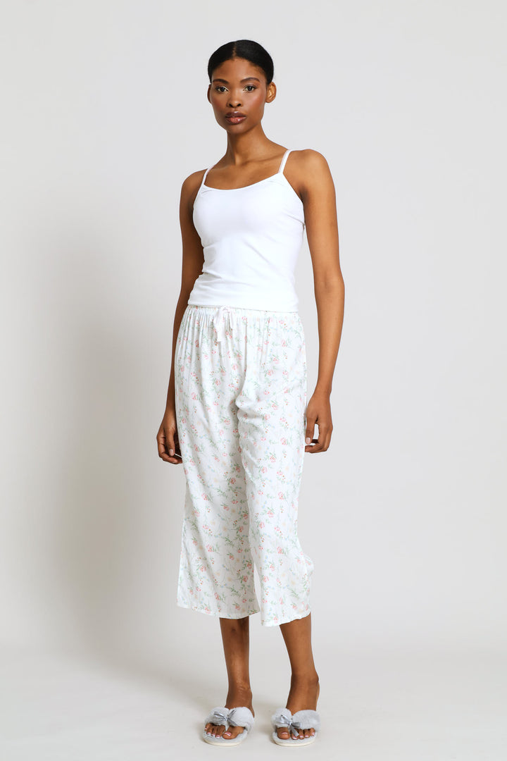 Floral Print Viscose Capri Sleep Pants - White