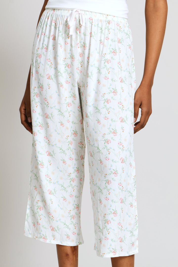 Floral Print Viscose Capri Sleep Pants - White