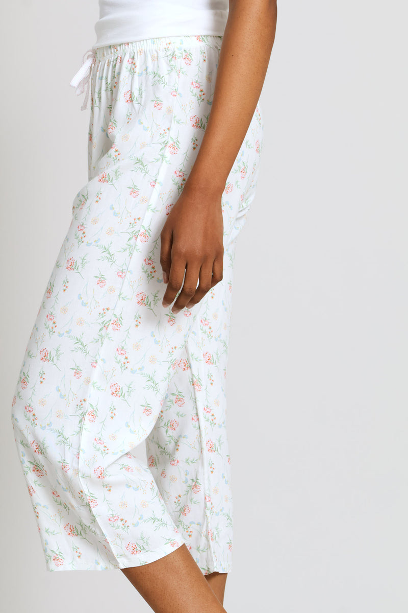 Floral Print Viscose Capri Sleep Pants - White
