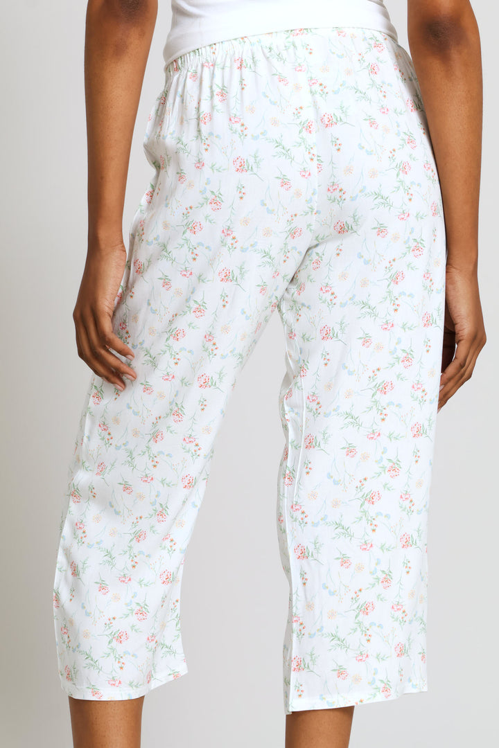 Floral Print Viscose Capri Sleep Pants - White