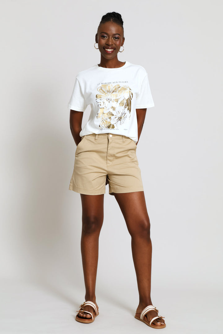 Stretch Sateen Mid Thigh Chino - Light Stone