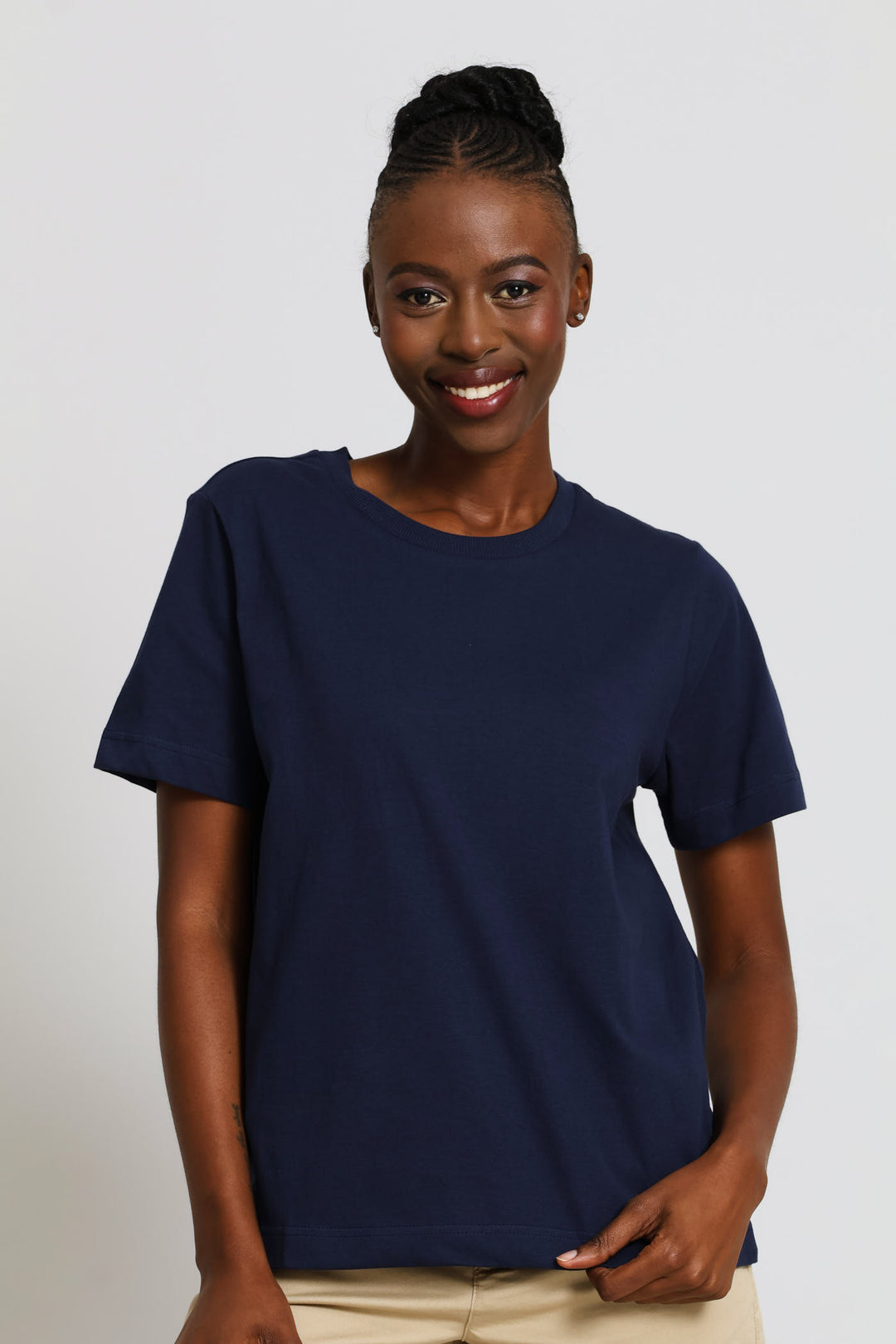 Cotton Rib Neck Boxy Tee - Navy