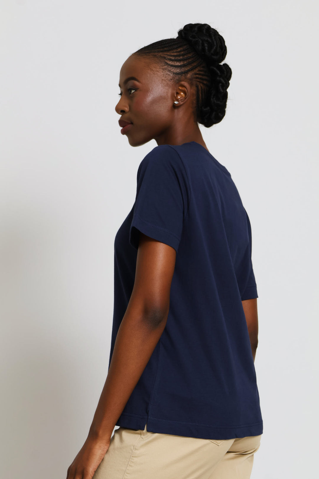 Cotton Rib Neck Boxy Tee - Navy