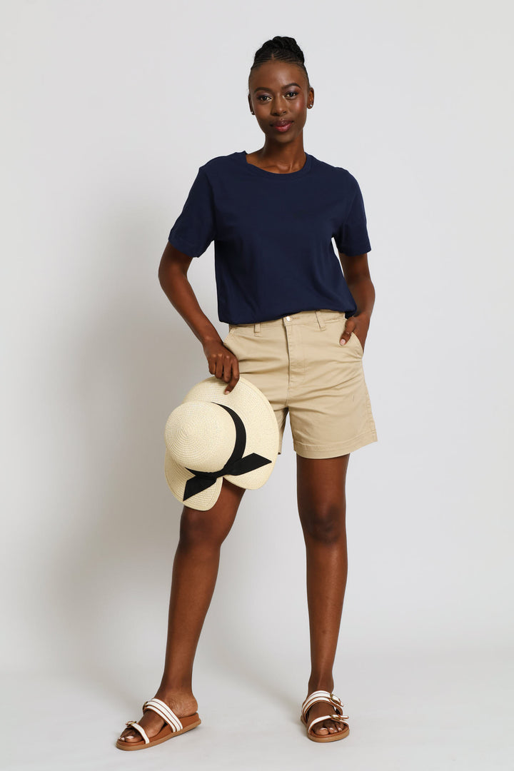 Cotton Rib Neck Boxy Tee - Navy
