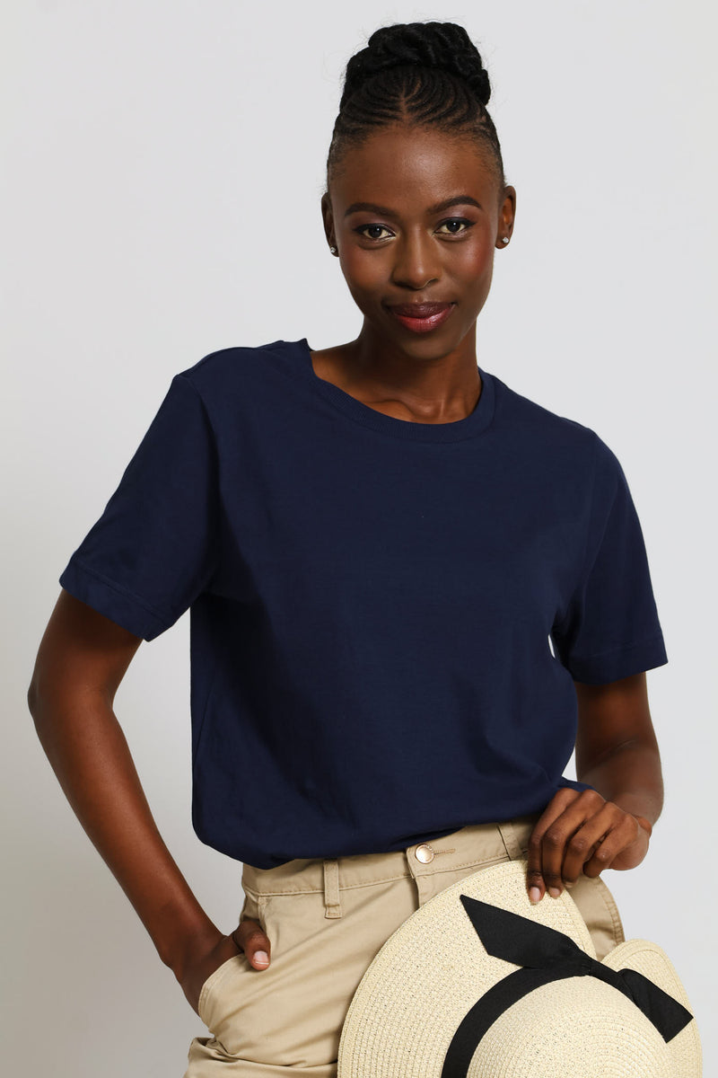 Cotton Rib Neck Boxy Tee - Navy
