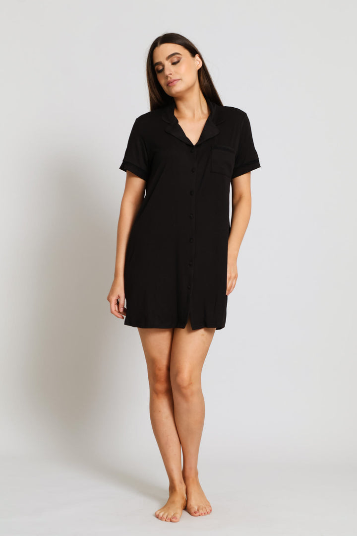 Button Through Dty Sleepshirt - Black
