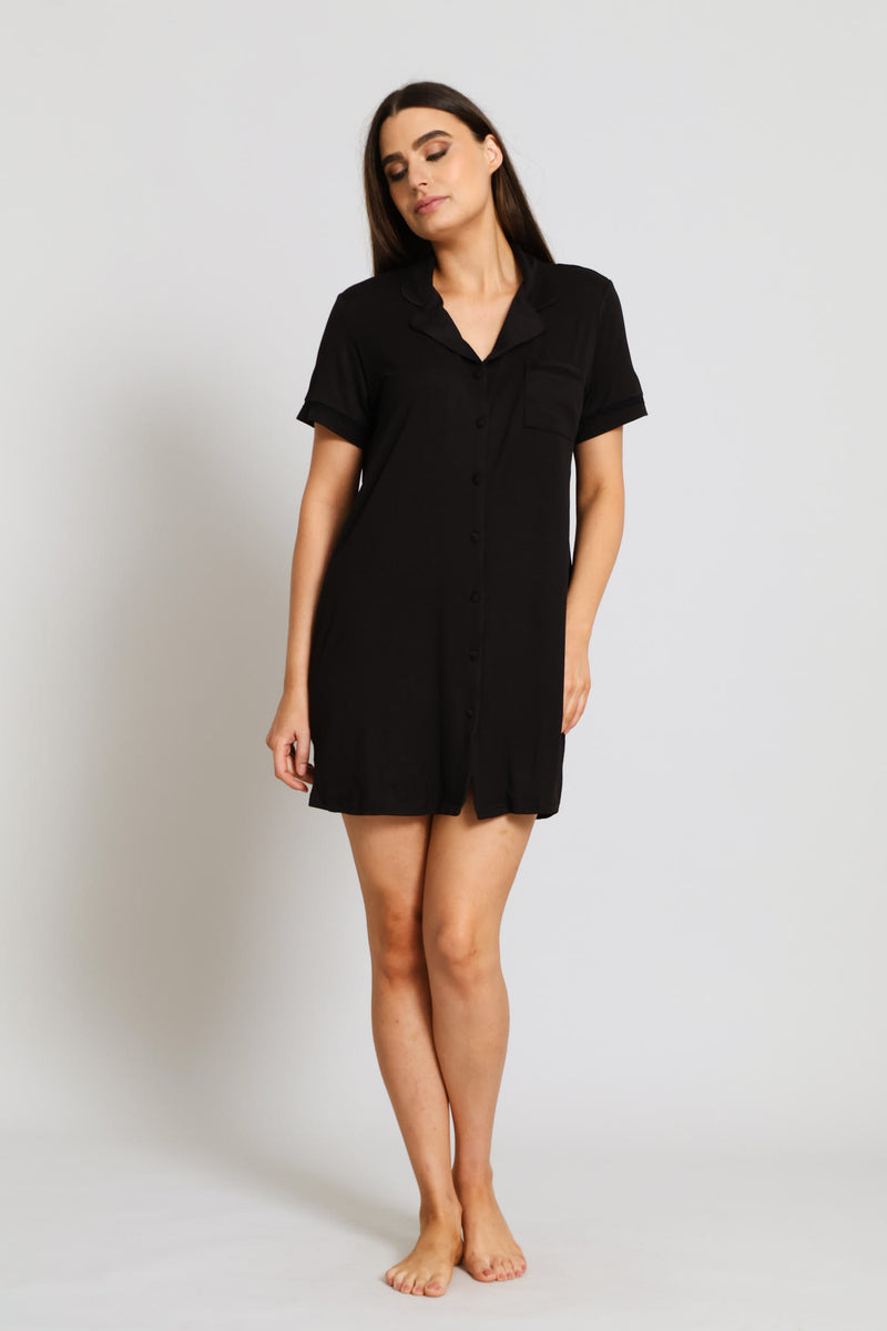 Button Through Dty Sleepshirt - Black