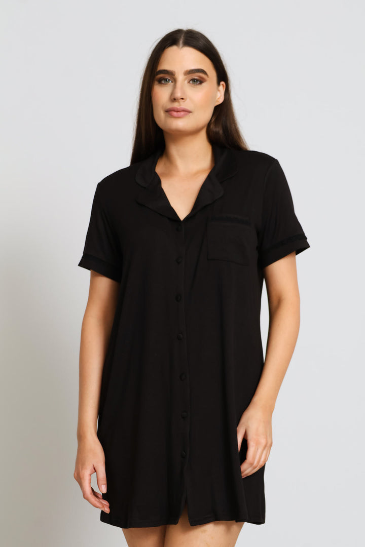 Button Through Dty Sleepshirt - Black