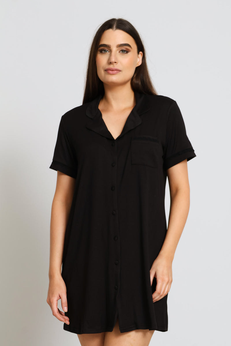 Button Through Dty Sleepshirt - Black