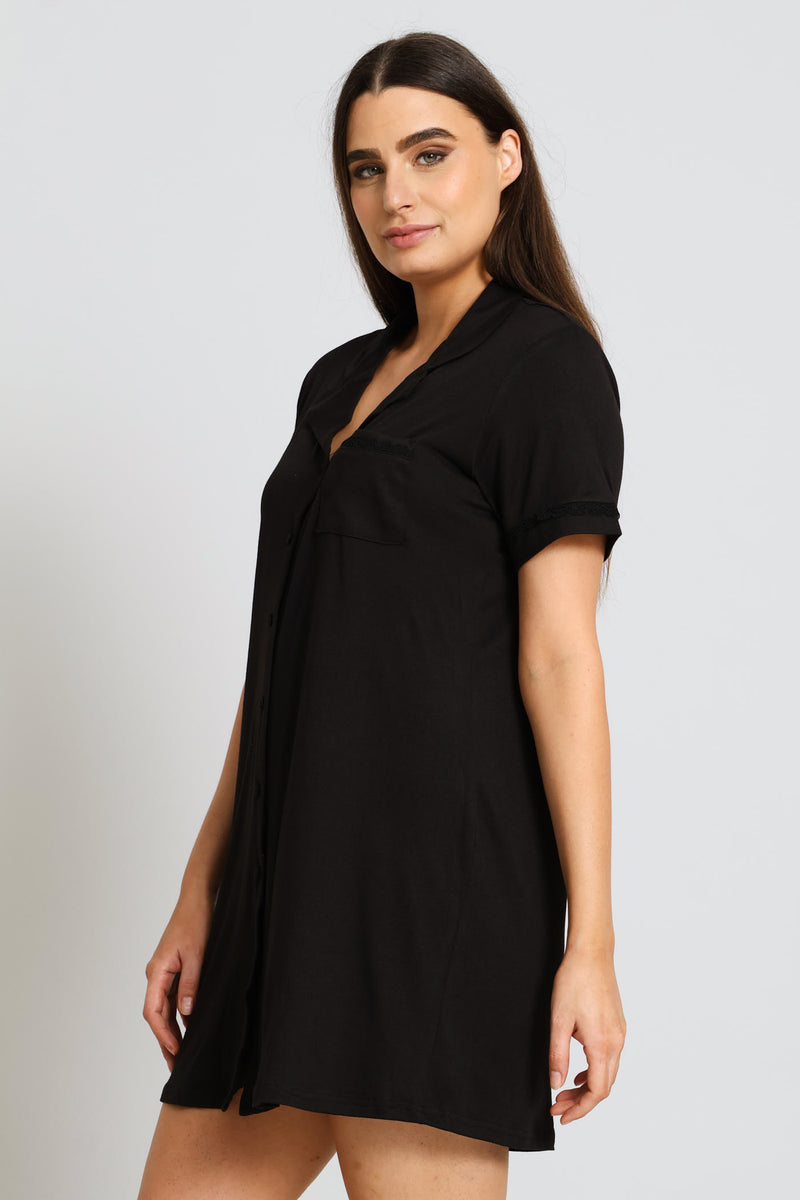 Button Through Dty Sleepshirt - Black