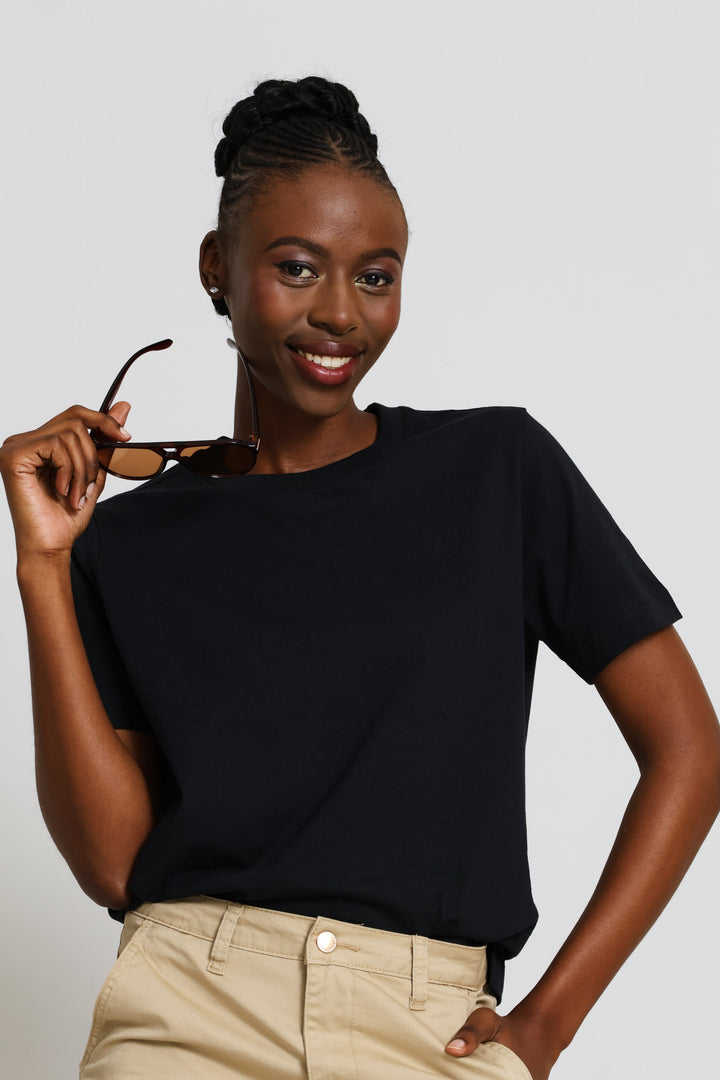 Rib Neck Boxy Tee - Black